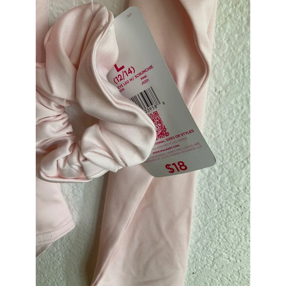 Justice Girls Pink Long Sleeve Leotard with Scrunchie Size L 12/14‎ Mesh Keyhole